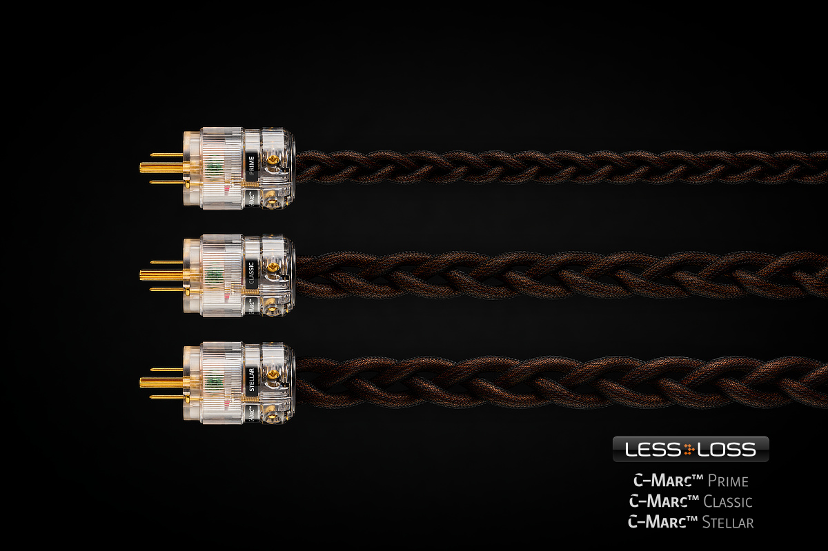 LessLoss C-MARC Prime, Classic and Stellar power cables side by side, showing the difference in thickness